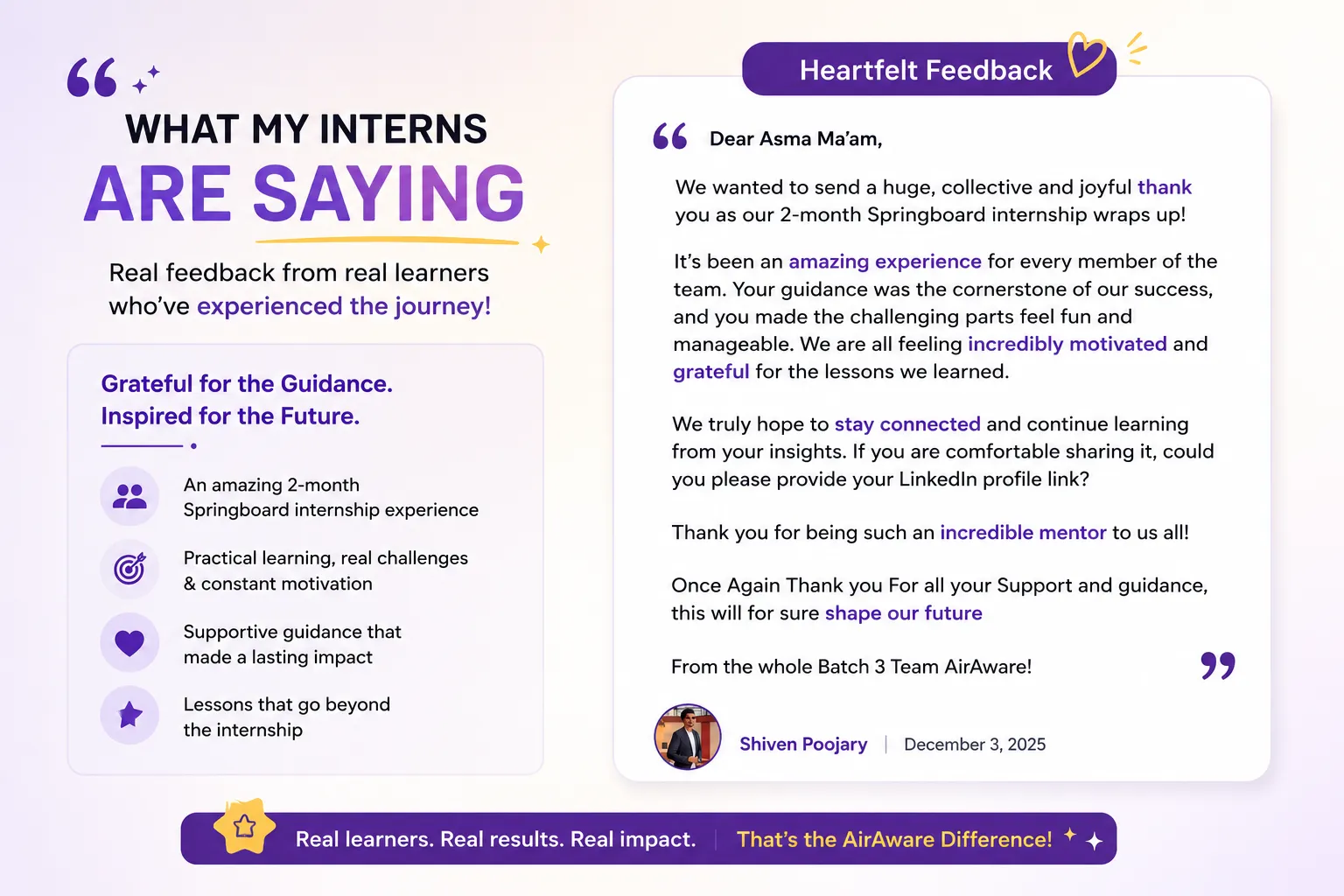 Intern feedback shared with the trainer