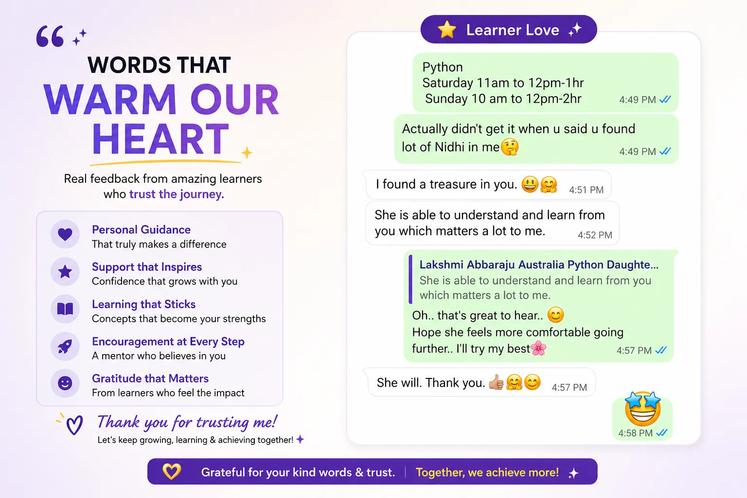 Learner message thanking UAS Learn Hub for guidance